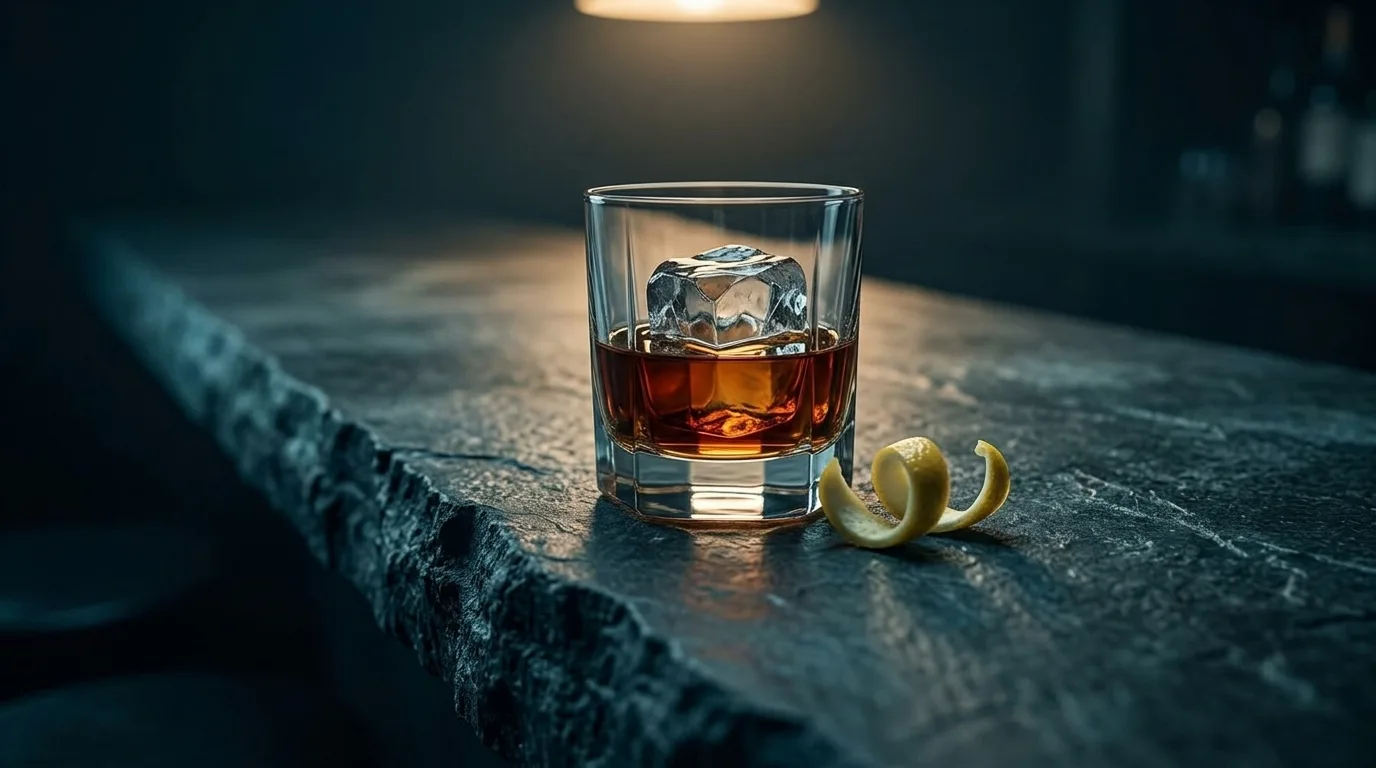A rocks glass of whiskey with a large ice cube on the edge of a dark stone bar top